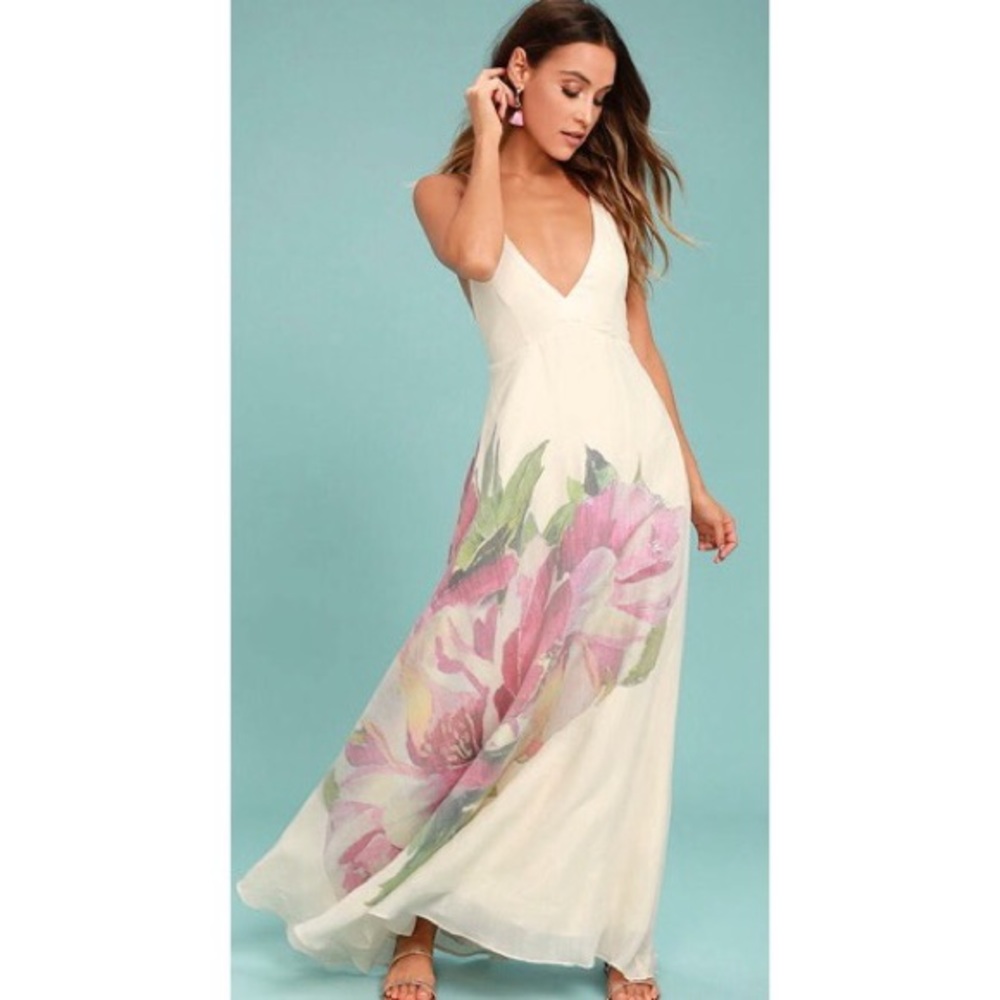 ZEN GARDEN CREAM FLORAL PRINT MAXI DRESS LULUS